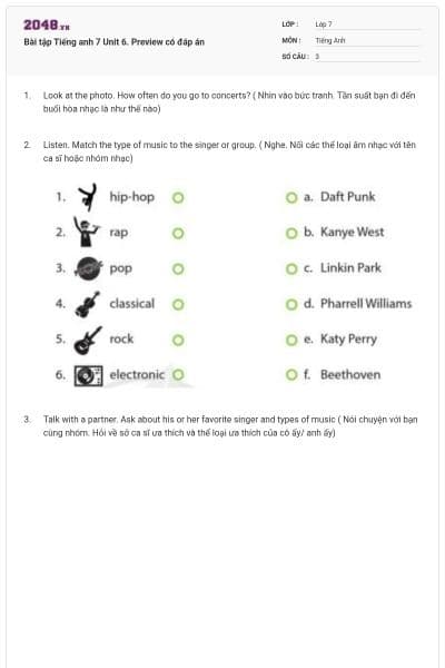 Bài tập Tiếng anh 7 Unit 6. Preview có đáp án