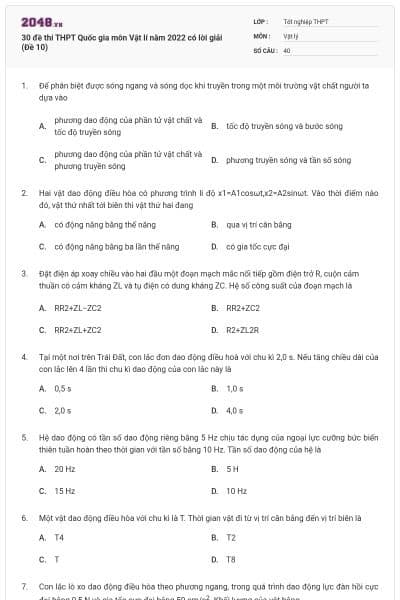 30 đề thi THPT Quốc gia môn Vật lí năm 2022 có lời giải (Đề 10)