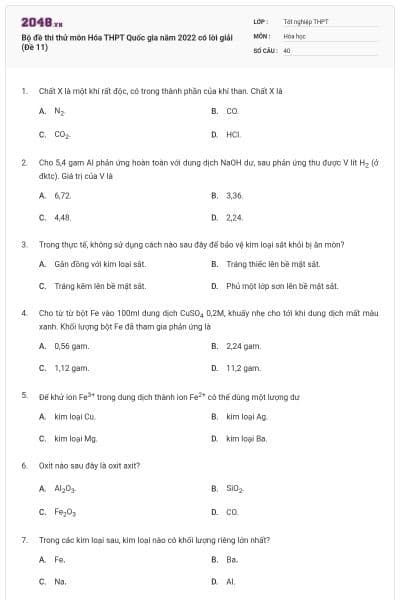 Bộ đề thi thử môn Hóa THPT Quốc gia năm 2022 có lời giải (Đề 11)