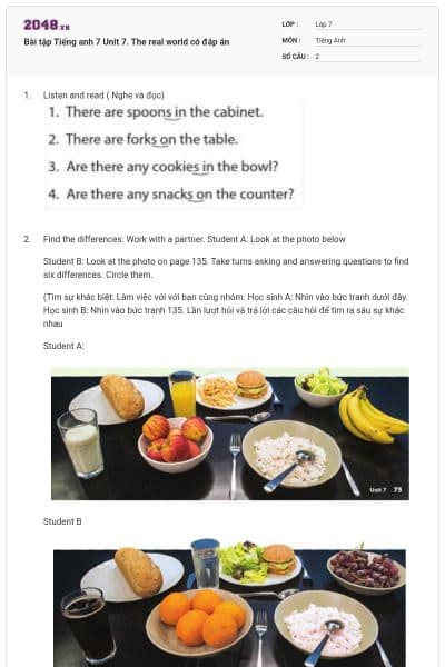 Bài tập Tiếng anh 7 Unit 7. The real world có đáp án