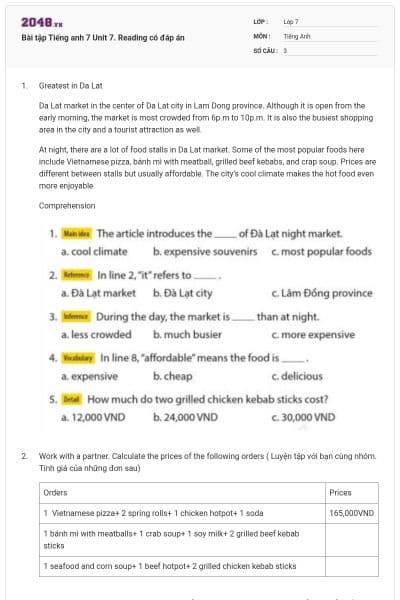 Bài tập Tiếng anh 7 Unit 7. Reading có đáp án