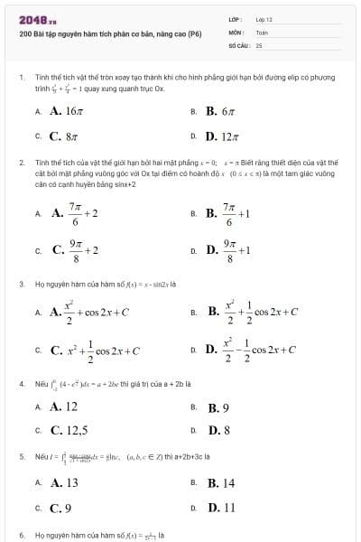 200 Bài tập nguyên hàm tích phân cơ bản, nâng cao (P6)