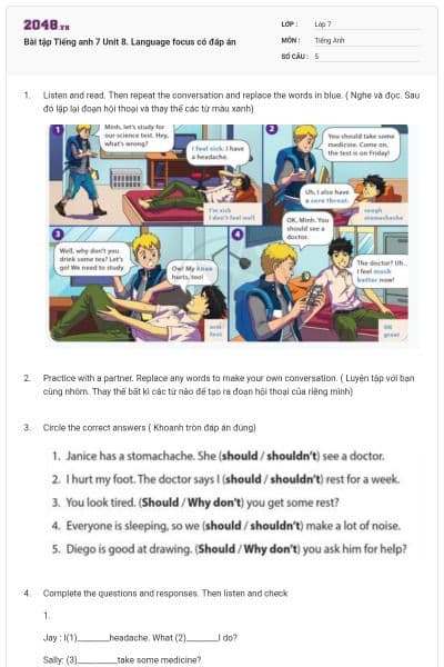 Bài tập Tiếng anh 7 Unit 8. Language focus có đáp án