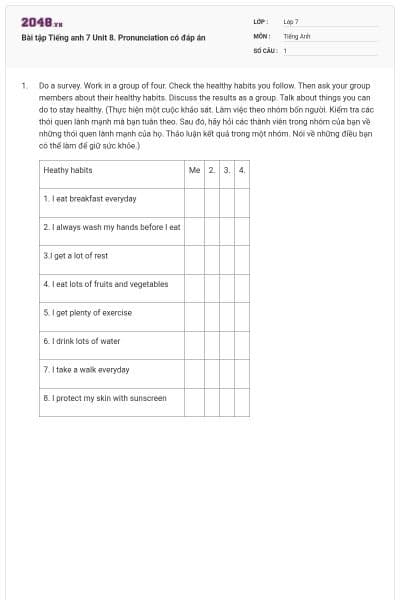 Bài tập Tiếng anh 7 Unit 8. Pronunciation có đáp án