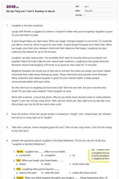 Bài tập Tiếng anh 7 Unit 8. Reading có đáp án