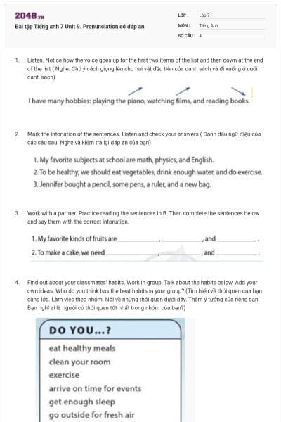 Bài tập Tiếng anh 7 Unit 9. Pronunciation có đáp án