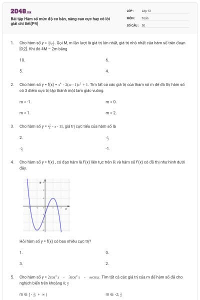 Bài tập Hàm số mức độ cơ bản, nâng cao cực hay có lời giải chi tiết(P4)