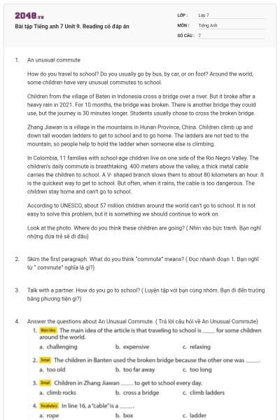 Bài tập Tiếng anh 7 Unit 9. Reading có đáp án