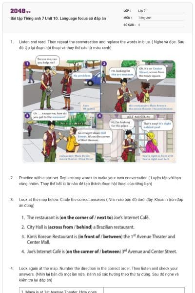 Bài tập Tiếng anh 7 Unit 10. Language focus có đáp án