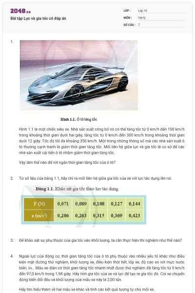 Bài tập Lực và gia tốc có đáp án