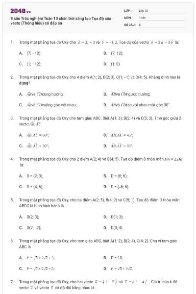 8 câu Trắc nghiệm Toán 10 chân trời sáng tạo Tọa độ của vectơ (Thông hiểu) có đáp án