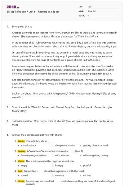 Bài tập Tiếng anh 7 Unit 11. Reading có đáp án