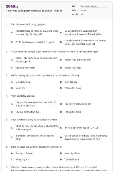 1300+ Câu trắc nghiệm Vi sinh vật có đáp án - Phần 15