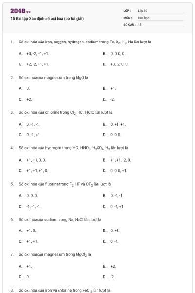 15 Bài tập Xác định số oxi hóa (có lời giải)
