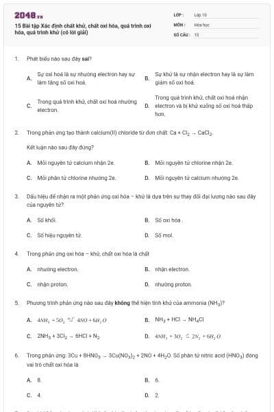 15 Bài tập Xác định chất khử, chất oxi hóa, quá trình oxi hóa, quá trình khử (có lời giải)