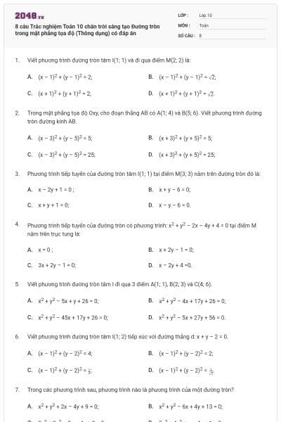 8 câu Trắc nghiệm Toán 10 chân trời sáng tạo Đường tròn trong mặt phẳng tọa độ (Thông dụng) có đáp án