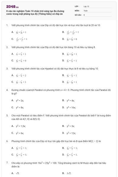 8 câu rắc nghiệm Toán 10 chân trời sáng tạo Ba đường conic trong mặt phẳng tọa độ (Thông hiểu) có đáp án