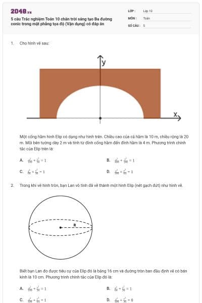 5 câu Trắc nghiệm Toán 10 chân trời sáng tạo Ba đường conic trong mặt phẳng tọa độ (Vận dụng) có đáp án