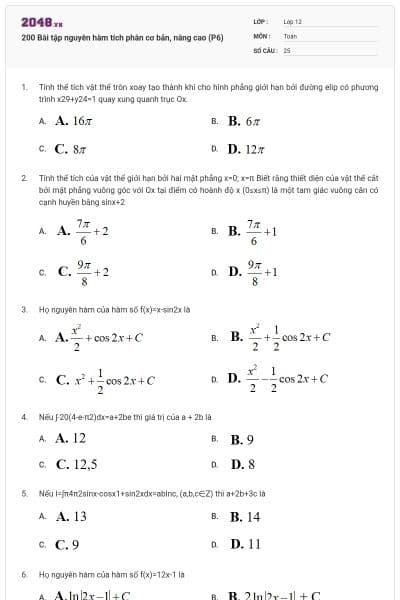 200 Bài tập nguyên hàm tích phân cơ bản, nâng cao (P6)