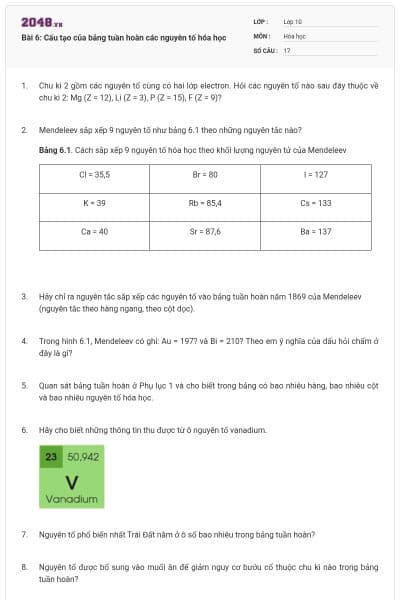 Bài 6: Cấu tạo của bảng tuần hoàn các nguyên tố hóa học
