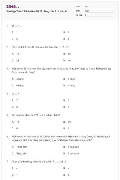 8 bài tập Toán 3 Cánh diều Bài 21: Bảng chia 7 có đáp án