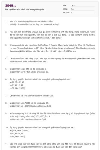 Bài tập Làm tròn số và ước lượng có đáp án