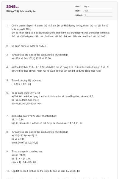 Bài tập Tỉ lệ thức có đáp án