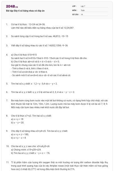 Bài tập Dãy tỉ số bằng nhau có đáp án