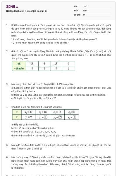Bài tập Đại lượng tỉ lệ nghịch có đáp án