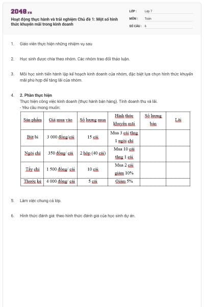Hoạt động thực hành và trải nghiệm Chủ đề 1: Một số hình thức khuyến mãi trong kinh doanh