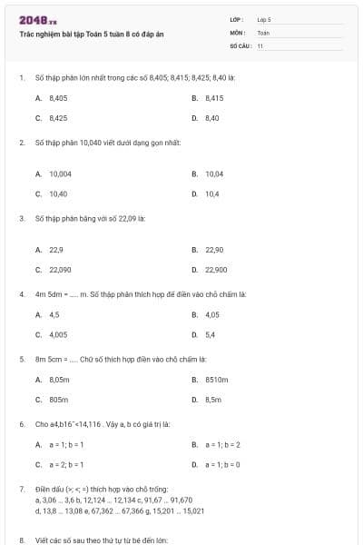 Trắc nghiệm bài tập Toán 5 tuần 8 có đáp án