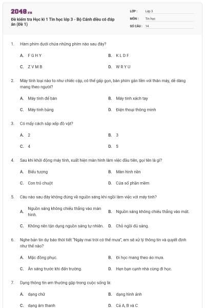 Đề kiểm tra Học kì 1 Tin học lớp 3 - Bộ Cánh diều có đáp án (Đề 1)