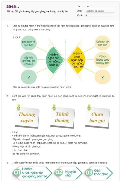 Bài tập Giữ gìn trường lớp gọn gàng, sạch đẹp có đáp án