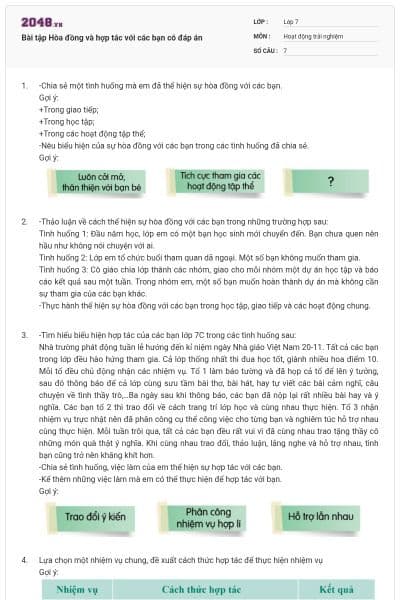Bài tập Hòa đồng và hợp tác với các bạn có đáp án