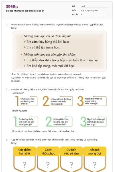 Bài tập Khám phá bản thân có đáp án