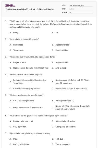 1300+ Câu trắc nghiệm Vi sinh vật có đáp án - Phần 20
