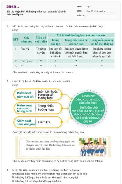 Bài tập Nhận biết khả năng kiểm soát cảm xúc của bản thân có đáp án