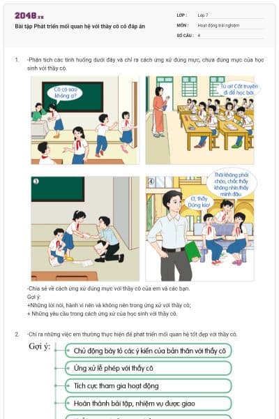 Bài tập Phát triển mối quan hệ với thầy cô có đáp án