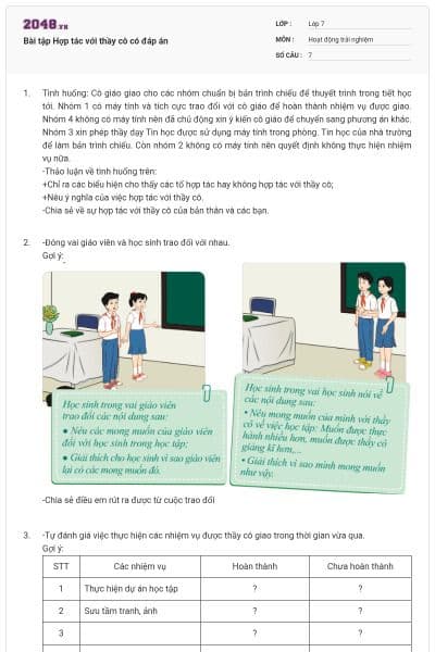 Bài tập Hợp tác với thầy cô có đáp án