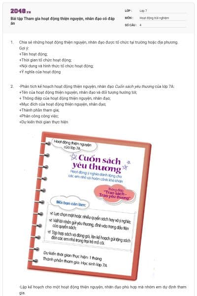 Bài tập Tham gia hoạt động thiện nguyện, nhân đạo có đáp án