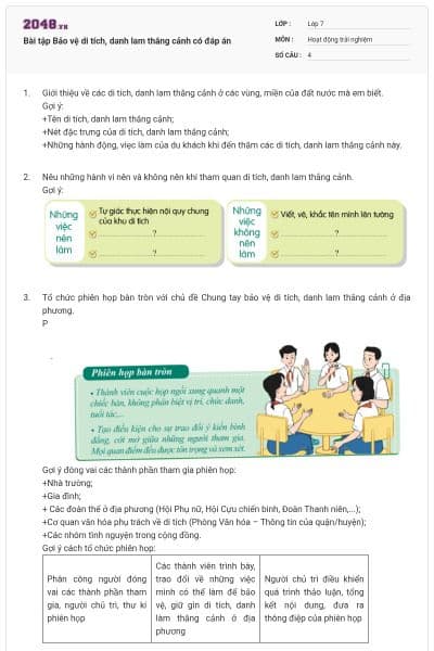 Bài tập Bảo vệ di tích, danh lam thắng cảnh có đáp án