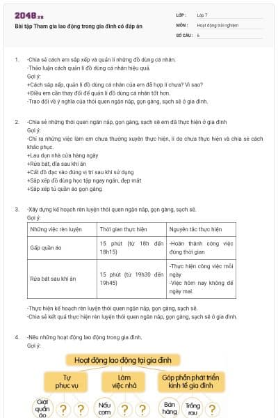 Bài tập Tham gia lao động trong gia đình có đáp án