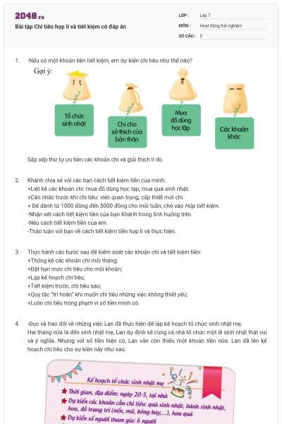 Bài tập Chi tiêu hợp lí và tiết kiệm có đáp án