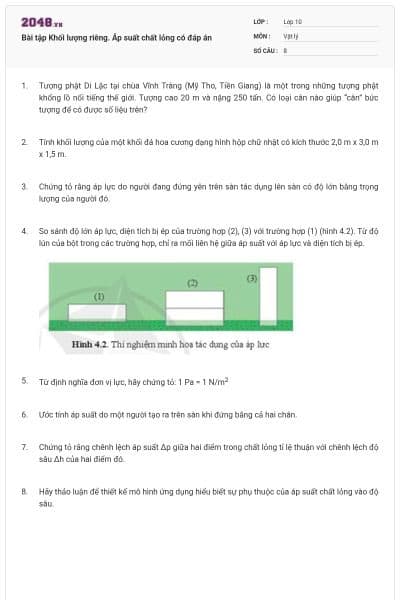 Bài tập Khối lượng riêng. Áp suất chất lỏng có đáp án