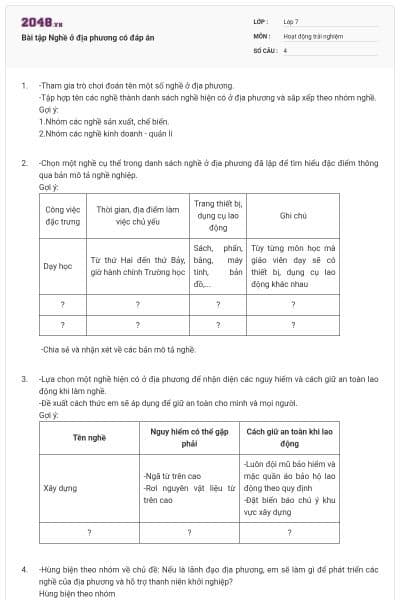 Bài tập Nghề ở địa phương có đáp án