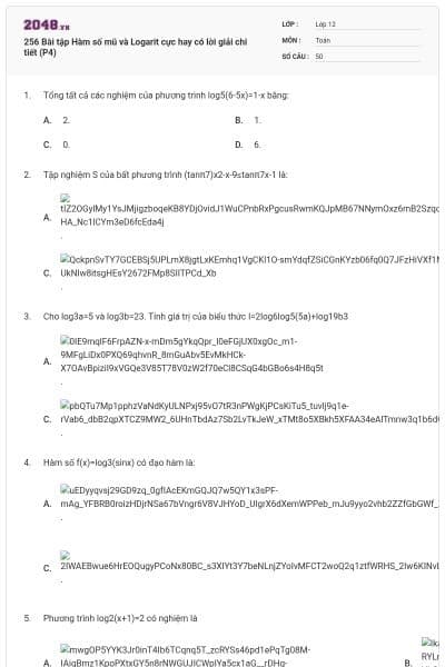 256 Bài tập Hàm số mũ và Logarit cực hay có lời giải chi tiết (P4)