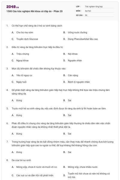 1500 Câu trắc nghiệm Nhi khoa có đáp án - Phần 20