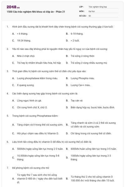 1500 Câu trắc nghiệm Nhi khoa có đáp án - Phần 21