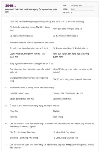 Đề thi thử THPT QG 2019 Môn Địa Lý Ôn luyện đề thi mẫu (P8)