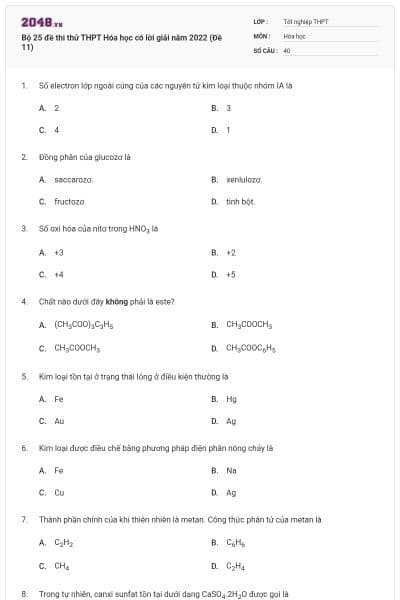 Bộ 25 đề thi thử THPT Hóa học có lời giải năm 2022 (Đề 11)